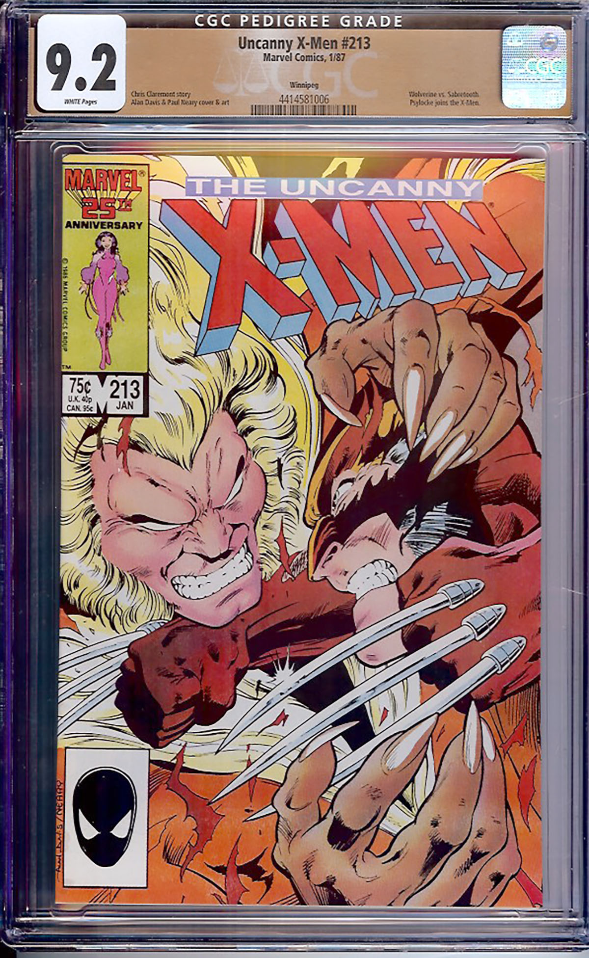 Uncanny X-Men #213 CGC 9.2 w Winnipeg