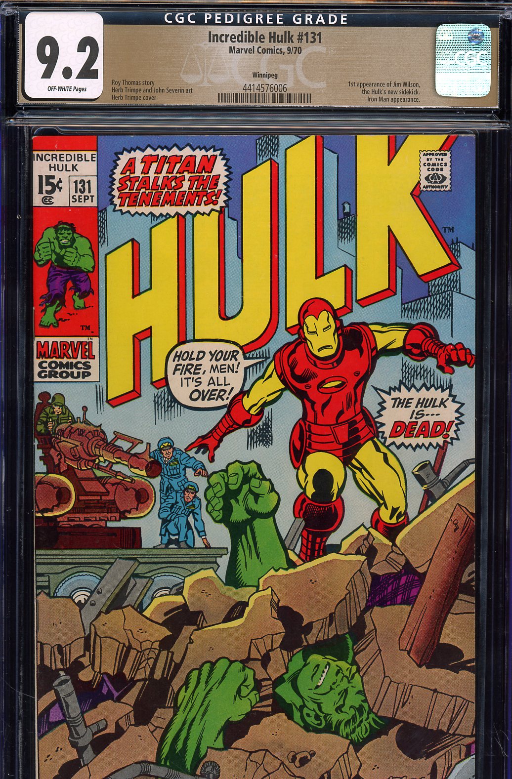 Incredible Hulk #131 CGC 9.2 ow Winnipeg