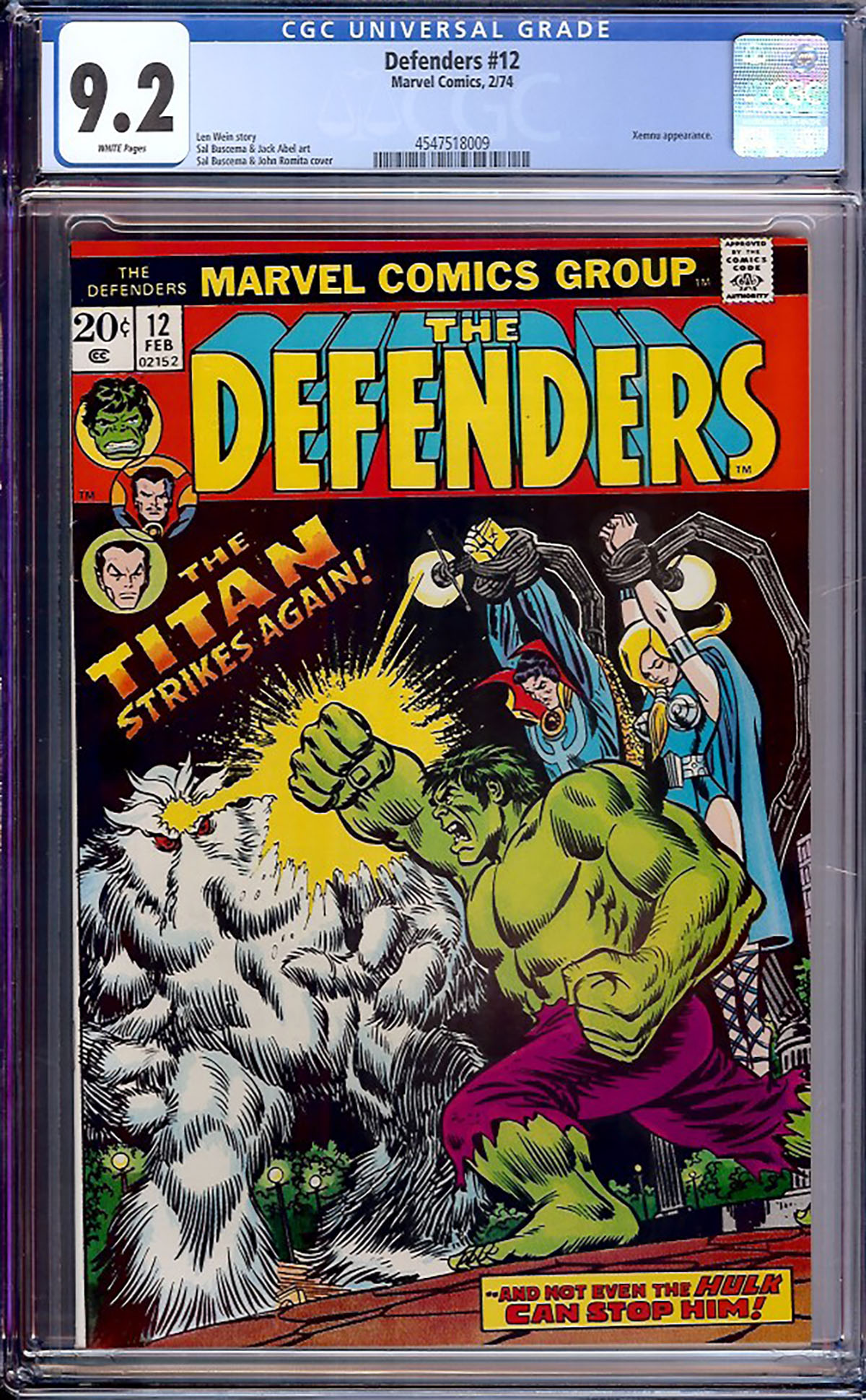 Defenders #12 CGC 9.2 w